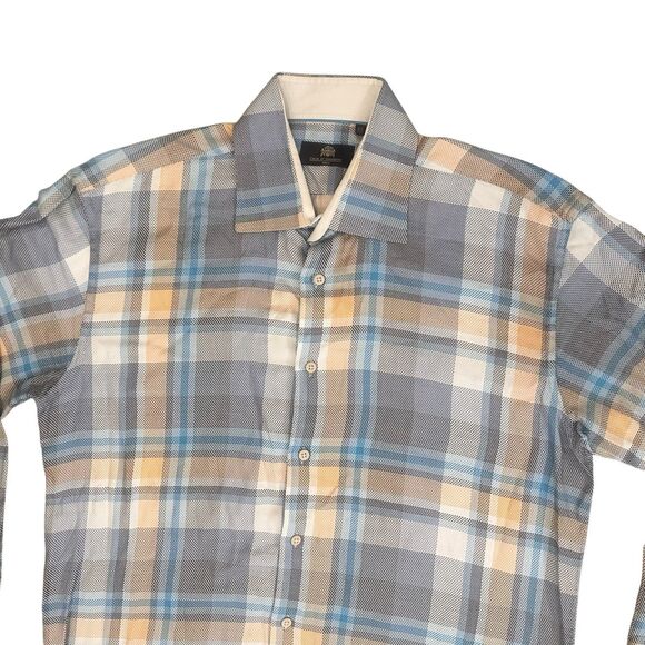 CIRCLE OF GENTLEMEN REGULAR FIT 100% COTTON SHIRT BLUE BEIGE PLAID 44 X 17.5 - Picture 4 of 11